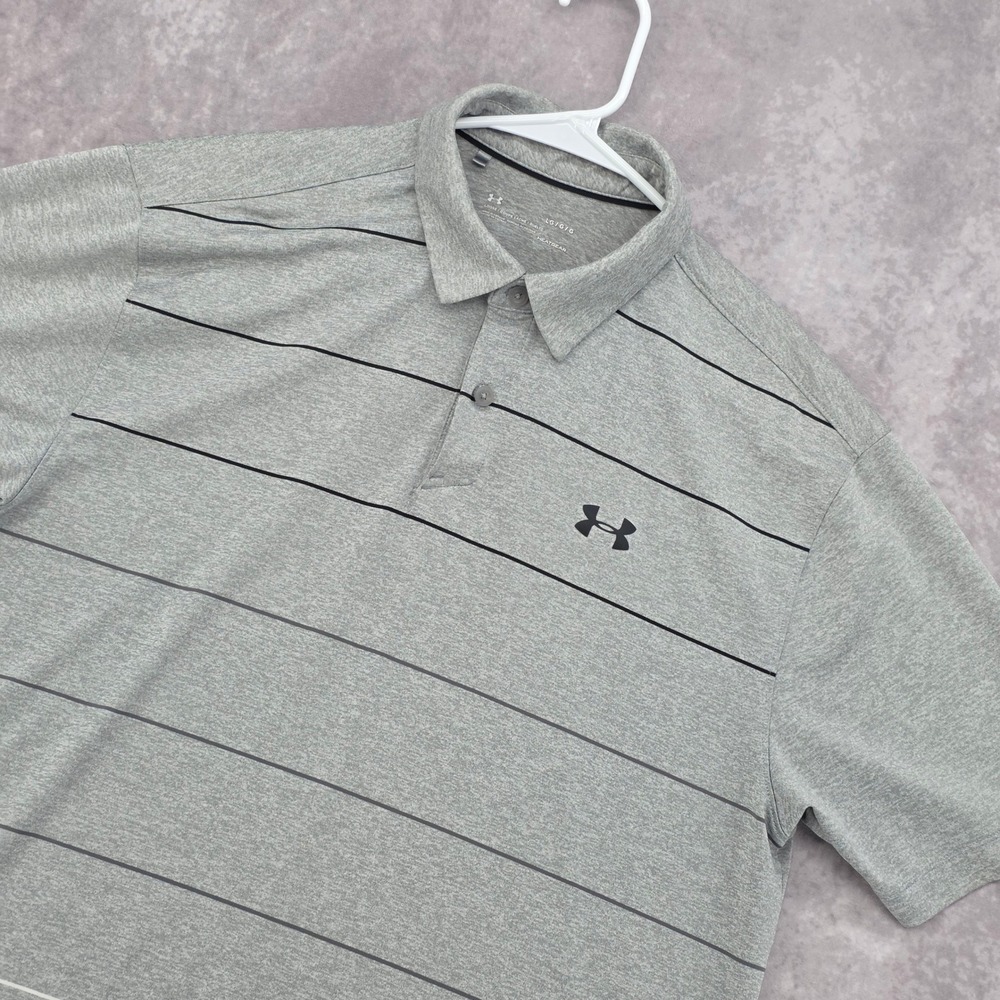 Under Armour Mens Large Golf Polo Shirt HeatGear Grey Striped Loose Fit Athletic